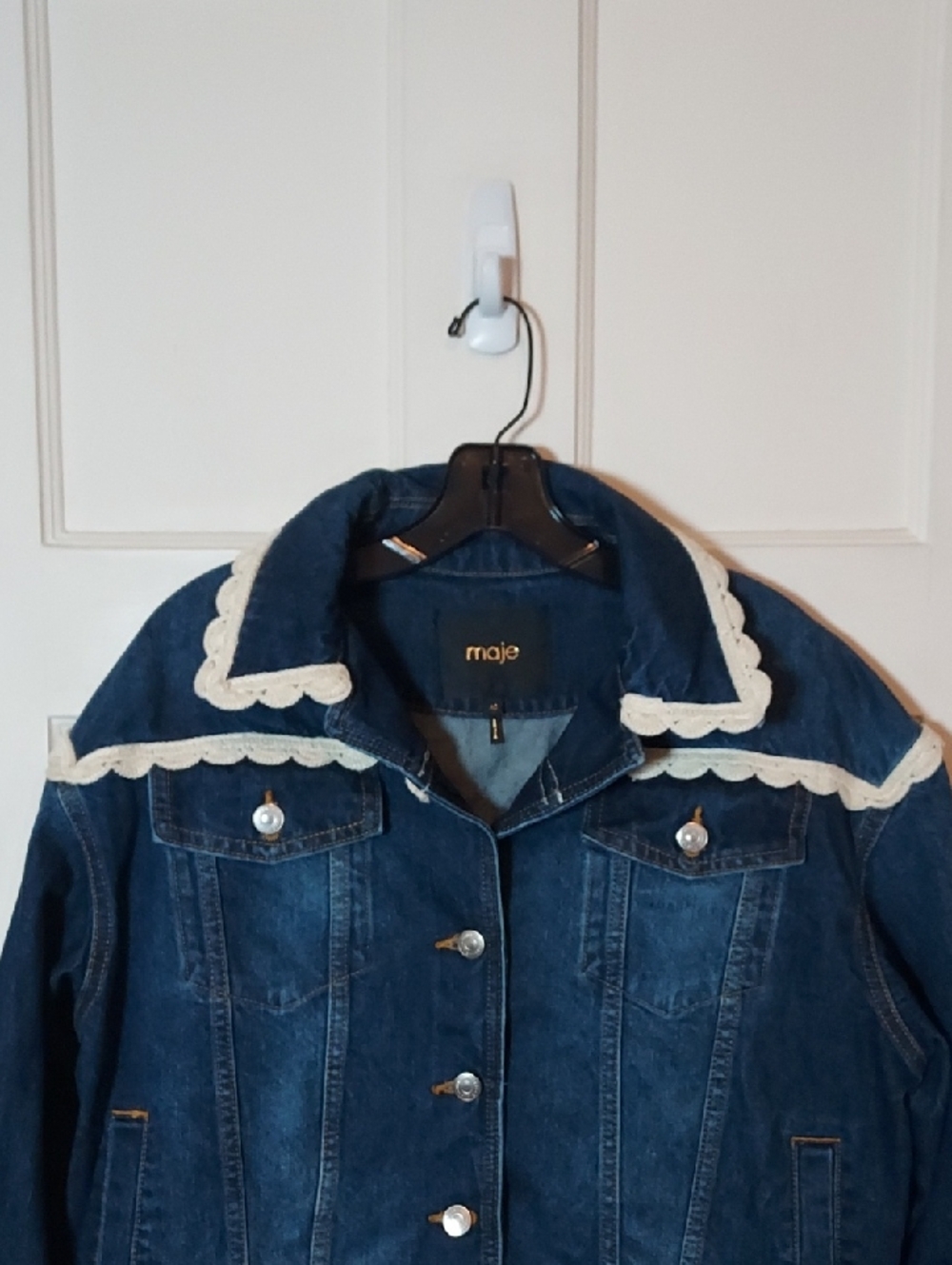 Maje Denim Jacket With Crochet Hook Finishes Size 40 US Sz Large - Picture 6 of 16